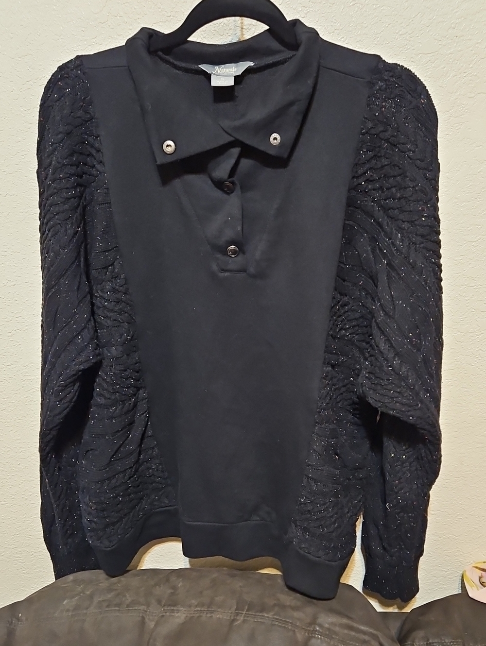 Natural Reflections Black Sparkle Cable-Sleeve Polo Pullover